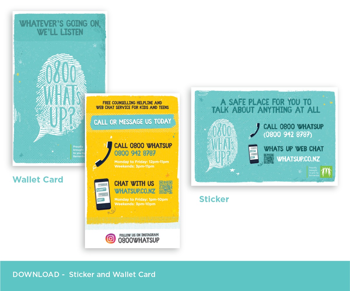 A range of promotional digital banners with 0800 What's Up branding across them