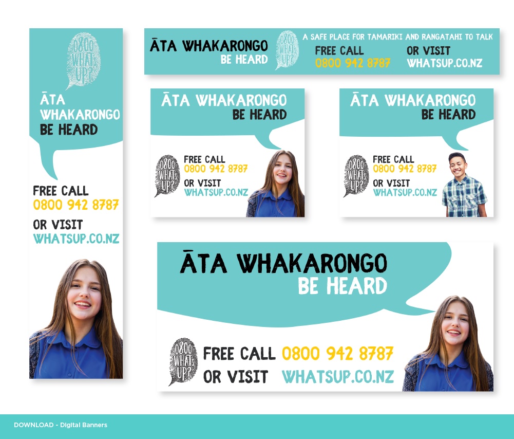 A range of promotional digital banners with 0800 What's Up branding across them